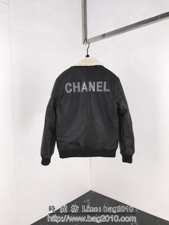 CHANEL香奈兒 18FW 小香中古系列 毛絨領子 洗水Pu皮棉衣 情侶款 ydi1338